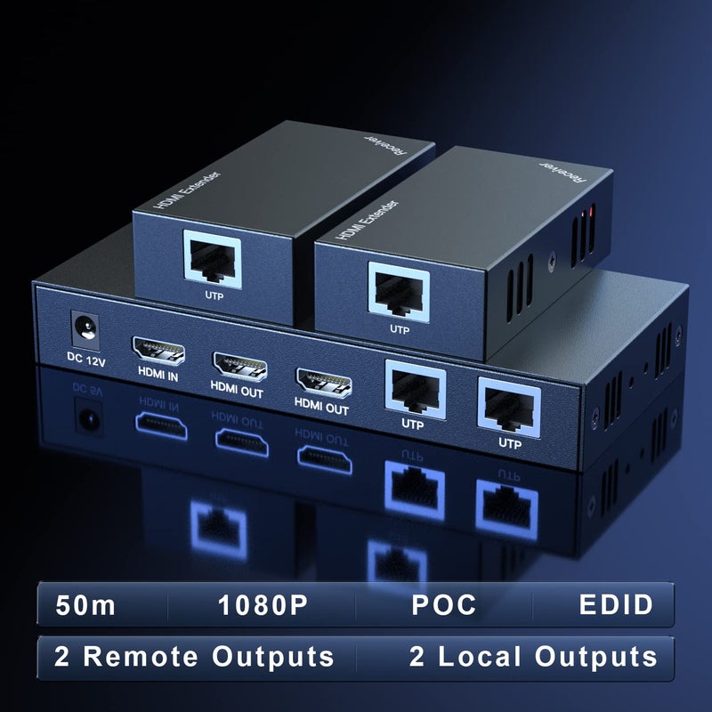 PWAYTEK موزع HDMI PWAYTEK 1x2 1080P@60Hz عبر كابل Ethernet Cat 5E/6/7 بطول 50م (165 قدم) يدعم 2 مخرج HDMI مع نسخ EDID ووظيفة POC (مدخل واحد ومخرجان) - Image 2